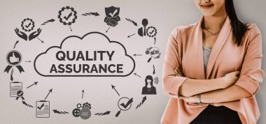 Kalite Güvencesi ve Kalite Kontrol Konsepti - Modern grafik arayüzü sertifikalı standart süreç, ürün garantisi ve müşteri memnuniyeti için kalite iyileştirme teknolojisini gösteriyor. uds