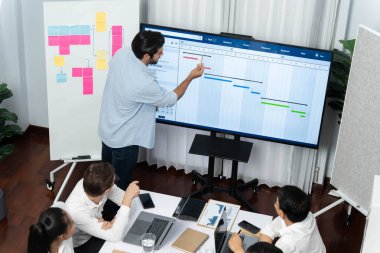 Proje yöneticisi monitörde proje yönetimi yazılım görüntülemesi, proje görevinin ilerlemesini izlemek ve toplantı masasında program planı yapmak suretiyle ekiple iletişim kurar ve işbirliği yapar. Tedbirli