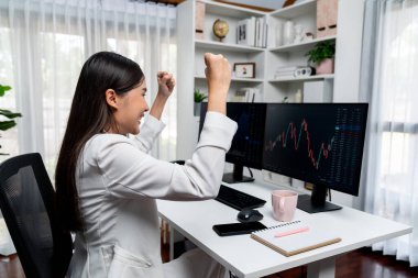 Başarılı genç Asyalı iş kadını, modern ofisteki bilgisayar ekranlarında dinamik iş grafiği üzerine borsada yumruklaşarak en yüksek karı elde ediyor, finansal teknolojiyi analiz ediyor. Taktik.