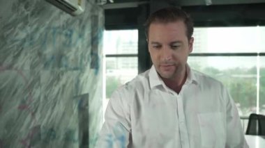 Akıllı iş adamı cam tahtanın önünde bir proje başlatmayı düşünüyor. Gülümseyen erkek proje yöneticisi yaratıcılık pazarlama stratejisini gösteren renkli yapışkan notlara bakıyor. Yönlendirici.