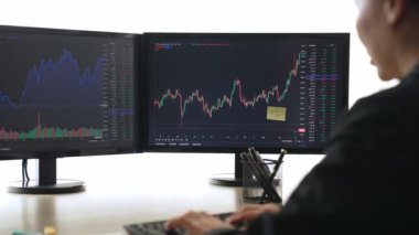 Hisse senedi borsası pazarlamasını analiz eden yavaş çekim şirketindeki yatırımcılar, kayıp için mum bar fiyatını analiz eden monitörlere bakıyor ve kazanç ve kâr elde ediyor. Filizlenen