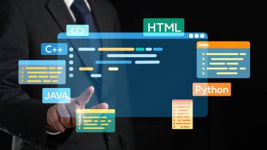 Yeni uygulama mobil telefon geliştirme için HTML, Python, Java ve C EIDE gibi çeşitli programlama dillerinin kodlama dijital örtüleri ile yazılım geliştirici veya programcı çalışması