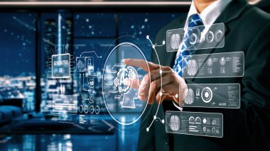 Yapay zeka mühendisliği, büyük veri ve yapay zeka makinesi kavramında yapay zeka beyin işlemcisiyle iş desteği için üretken yapay zeka kullanmayı öğrenen insan etkileşimi. Kullanıcı Kimliği