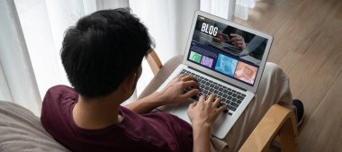 blogging concept, web blog Social Media Information network snugly. social media online content, freelance worker, working online, content creator, blogger, website, reading blog online on computer