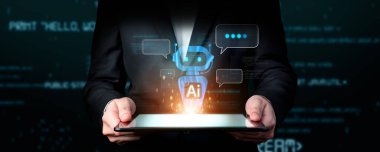 Yapay zeka sanal asistanı Chatbot ile yapay zeka konsepti ile insan etkileşimi, yapay zeka mühendisliği, LLM yapay zeka derin öğrenimi iş desteği için üretken yapay zeka kullanımı. FaaS