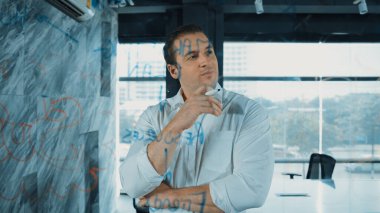 Akıllı iş adamı cam tahtanın önünde bir proje başlatmayı düşünüyor. Gülümseyen erkek proje yöneticisi yaratıcılık pazarlama stratejisini gösteren renkli yapışkan notlara bakıyor. Yönlendirici.