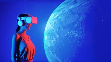 VR gözlüklü kadın dönen dünya yüzeyine bakıyor gelecekteki küresel yenilik arayüzünde dijital 3D bilgi ağı teknolojisi görsel hologram animasyonunda metaevrene dönüyor. Halüsinasyon.