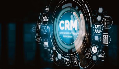 İş satış pazarlama sistemi konsepti için CRM Müşteri İlişkileri Yönetimi CRM veritabanı analizini desteklemek için hizmet uygulamasının fütüristik grafik arayüzünde sunulmuştur. uds