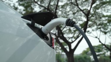 EV elektrikli araç EV şarj istasyonu ulusal park veya açık hava orman manzaralı. Çevre dostu EV arabalarla yaz ormanlarında doğal koruma. Yükselt