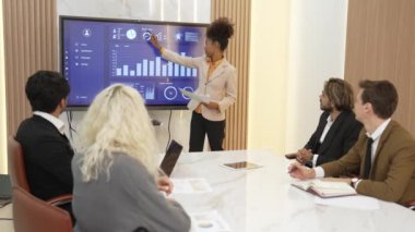 Ofisteki sunum ya da analist ekibiyle süs toplantı odasında mali verileri analiz etmek için BI Fintech 'i kullanın. İş adamları stratejik planlama için TV ekranında BI gösterge panelini analiz ediyor