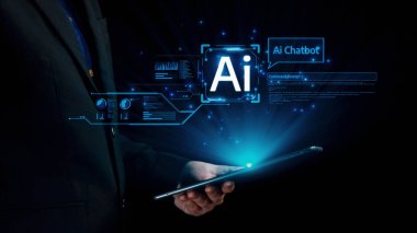 Yapay zeka sanal asistanı Chatbot ile yapay zeka konsepti ile insan etkileşimi, yapay zeka mühendisliği, LLM yapay zeka derin öğrenimi iş desteği için üretken yapay zeka kullanımı. Kullanıcı Kimliği