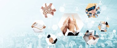 İş ortaklığı, güven, takım çalışması ve ofisteki iş arkadaşlarının dayanışmasını desteklemek amacıyla insan grubu ağları ile kurumsal sektörde insan kaynakları yönetim teknolojisi kavramı