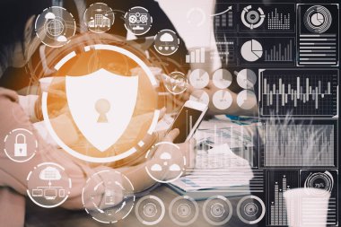 Siber Güvenlik ve Dijital Veri Koruma Konsepti. Simge arayüzü çevrimiçi veri erişim savunması için güvenli güvenlik duvarı teknolojisi gösteriyor. Hackerlara, virüse ve güvensiz bilgilere karşı. uds