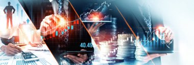 Geleceğin büyük veri analisti ve iş adamı analistleri için iş dünyası dijital veri teknolojisi kavramı panoramik sancak veziri oluşturan kararlar yatırım yapar