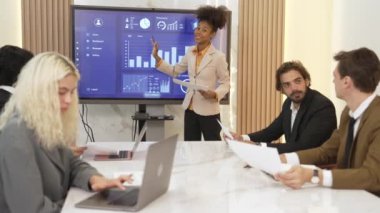 Ofisteki sunum ya da analist ekibiyle süs toplantı odasında mali verileri analiz etmek için BI Fintech 'i kullanın. İş adamları stratejik planlama için TV ekranında BI gösterge panelini analiz ediyor