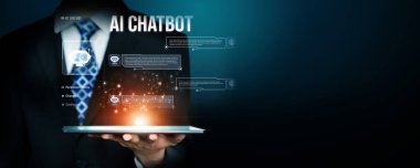 Yapay zeka sanal asistanı Chatbot ile yapay zeka konsepti ile insan etkileşimi, yapay zeka mühendisliği, LLM yapay zeka derin öğrenimi iş desteği için üretken yapay zeka kullanımı. FaaS