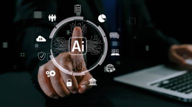 Yapay zeka mühendisliği, büyük veri ve yapay zeka makinesi kavramında yapay zeka beyin işlemcisiyle iş desteği için üretken yapay zeka kullanmayı öğrenen insan etkileşimi. Kullanıcı Kimliği