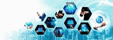İletişim teknolojisi, akıllı bağlantı IOT ve insan ağ teknolojisi kavramı. Güvenli internet ağına ve bulut hesaplama sunucusuna bağlanmak için bağlantı aygıtı kullanan insanlar vexel