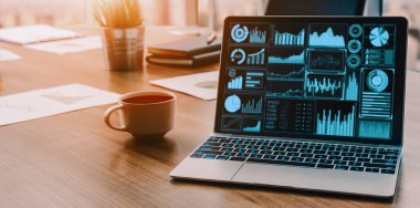 İş ve Finans Konsepti Veri Analizi. Dijital iş stratejisi için gelecekteki kar analitik bilgisayar teknolojisini, çevrimiçi pazarlama araştırma ve bilgi raporunu gösteren arayüz. uds