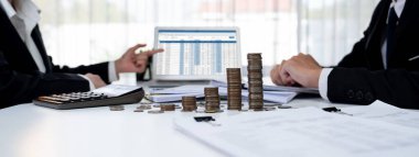 Kurumsal muhasebeci, vergi iadelerini hesaplamak ve maksimuma çıkarmak için dizüstü bilgisayar üzerinde muhasebe yazılımı kullanır ve Panorama 'daki iş yatırım yığını madeni para konseptiyle finansal performansı artırır. Kurnaz.