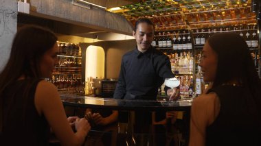 Asyalı akıllı barmen votka bardağını karıştırdı. Çiçek, lüks tezgah barında özel içki yapan güzel müşteriye servis edildi. Ferahlatıcı alkol gece hayatı lüksü. Vinosity.