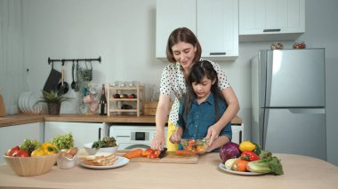 Zeki beyaz anne ve Asyalı kız birlikte yemek pişiriyor ve sebze doğruyor ya da akşam yemeği için salata hazırlıyor. Mutlu anne ve kız taze yemekle sağlıklı yemek yapıyorlar. Sağlıklı gıda konsepti. Pedagoji.