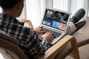 blogging concept, web blog Social Media Information network snugly. social media online content, freelance worker, working online, content creator, blogger, website, reading blog online on computer