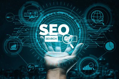 SEO - Çevrimiçi Pazarlama Konsepti için Arama Motoru Optimizasyonu. Müşteri arama ve pazar stratejisini optimize ederek anahtar kelime araştırma web sitesinin tanıtımını gösteren modern arayüz. uds