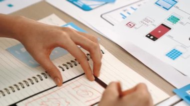 Mobil uygulama ya da web sitesi için kullanıcı arayüzü prototipi planlayan şirket çalışanlarının panorama videosu. UX UI tasarım beyin fırtınası kullanıcı dostu arayüz planı tasarlıyor. Sinerjik