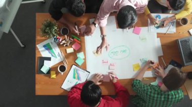 İş adamlarından oluşan bir grup toplantıda pazarlama fikrinin beyin fırtınası için yazı yazıyor ve zihin haritası yapıyorlar. Yatırımcıların yapışkan notlar kullanarak plan veya stratejilerini paylaştıklarına dair üst düzey bir bakış açısı. Zaman aşımı. Cemaat.