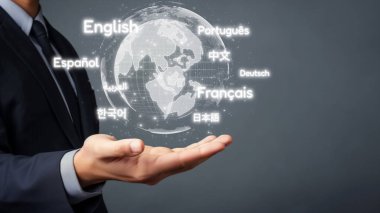 Birden fazla dille küresel iletişim. Çevrimiçi dil çalışmasına sahip dijital sanal gerçeklik küresi, çevirmenlik dersi ve bağlı VR dünyasında uygulama yetenekleri. EIDE