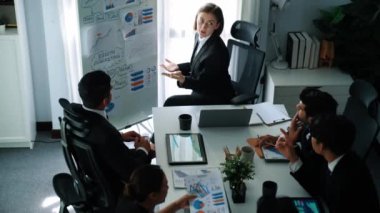 Akıllı yönetici projesinin üst görünümü beyaz tahtaya zihin haritası ve finansal grafik ile işaret ediyor ve çeşitli yatırımcılar hisse yatırım grafiğini dinleyip analiz ederken pazarlama fikrini açıklıyor. Müdürlük.