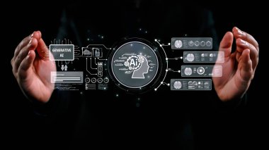 Yapay zeka mühendisliği, büyük veri ve yapay zeka makinesi kavramında yapay zeka beyin işlemcisiyle iş desteği için üretken yapay zeka kullanmayı öğrenen insan etkileşimi. Kullanıcı Kimliği