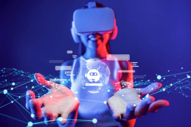 Yapay zeka sanal asistanı Chatbot ile yapay zeka konsepti ile insan etkileşimi, yapay zeka mühendisliği, LLM yapay zeka derin öğrenimi iş desteği için üretken yapay zeka kullanımı. FaaS