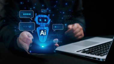 Yapay zeka sanal asistanı Chatbot ile yapay zeka konsepti ile insan etkileşimi, yapay zeka mühendisliği, LLM yapay zeka derin öğrenimi iş desteği için üretken yapay zeka kullanımı. Kullanıcı Kimliği