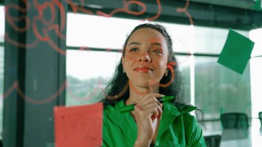 Genç İspanyol çalışanlar renkli yapışkan notlar yazıyorlar. Akıllı iş kadını pazarlama fikrini, beyin fırtınası stratejisini, iş planını paylaşıyor. Proje yöneticisi zihin haritası çiziyor. - Yakın çekim. Yönlendirici.