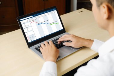 Ekip projesinin zaman çizelgesini gösteren bilgisayar ekranında, modern iş projesi yönetimi için proje planlama yazılımı