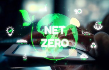 Sürdürülebilirlik simgeleriyle çevrili dijital küre, karbon emisyonlarını azaltma ve çevresel dengeyi sağlama amacını temsil etmektedir