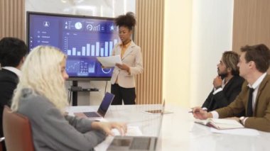 Ofisteki sunum ya da analist ekibiyle süs toplantı odasında mali verileri analiz etmek için BI Fintech 'i kullanın. İş adamları stratejik planlama için TV ekranında BI gösterge panelini analiz ediyor