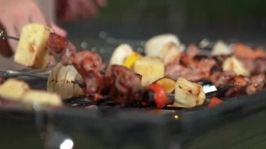 Grilled food of family celebration anniversary. Family have dinner party in garden. Outdoor camping activity relax with tasty food and spend time with cute relatives cross generation gap. Divergence.