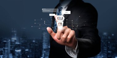 Yapay zeka sanal asistanı Chatbot ile yapay zeka konsepti ile insan etkileşimi, yapay zeka mühendisliği, LLM yapay zeka derin öğrenimi iş desteği için üretken yapay zeka kullanımı. FaaS