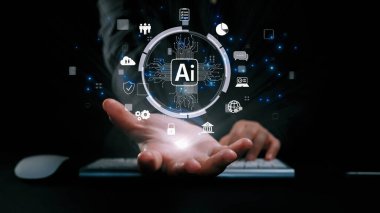 Yapay zeka mühendisliği, büyük veri ve yapay zeka makinesi kavramında yapay zeka beyin işlemcisiyle iş desteği için üretken yapay zeka kullanmayı öğrenen insan etkileşimi. Kullanıcı Kimliği