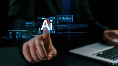 Yapay zeka sanal asistanı Chatbot ile yapay zeka konsepti ile insan etkileşimi, yapay zeka mühendisliği, LLM yapay zeka derin öğrenimi iş desteği için üretken yapay zeka kullanımı. Kullanıcı Kimliği