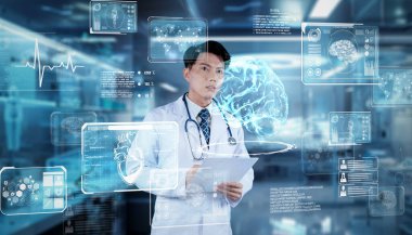 Doktor laboratuarda dikilip tıbbi veri hologramına bakarken tıbbi rapor tutuyor. Akıllı doktor kayıtları incelerken insan organı hologramını da inceliyor. Yapay zeka teknisyeni Yaratıcılık.