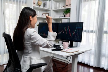 Başarılı genç Asyalı iş kadını, modern ofisteki bilgisayar ekranlarında dinamik iş grafiği üzerine borsada yumruklaşarak en yüksek karı elde ediyor, finansal teknolojiyi analiz ediyor. Taktik.