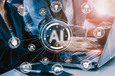 Yapay Zeka ve Yapay Zeka Konsepti - Bilgisayar, makine düşünme ve Dijital Robot Cihazların Yapay Yapay Zeka Arayüzünü gösteren Simge Grafiksel Arayüzü. uds