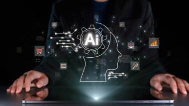 Yapay zeka mühendisliği, büyük veri ve yapay zeka makinesi kavramında yapay zeka beyin işlemcisiyle iş desteği için üretken yapay zeka kullanmayı öğrenen insan etkileşimi. Kullanıcı Kimliği