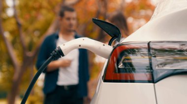 Yolculuk sırasında, Autumanl sezonunda, doğal orman ya da milli parktaki elektrikli araba için şarj olan bir adam. Tatil ve tatil boyunca çevre dostu seyahat. Yükselt