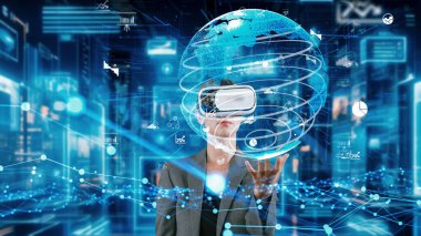 İş kadını, VR 'nin gelecekteki küresel pazarının finans veri dinamik dünyası şekil denetleyicisi sunucuda dijital ağ teknolojisi sanal animasyonu arayüzü mükemmel yenilik arayüzü. Kısıtlanma.