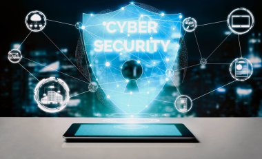 Siber Güvenlik ve Dijital Veri Koruma Konsepti. Simge arayüzü çevrimiçi veri erişim savunması için güvenli güvenlik duvarı teknolojisi gösteriyor. Hackerlara, virüse ve güvensiz bilgilere karşı. uds